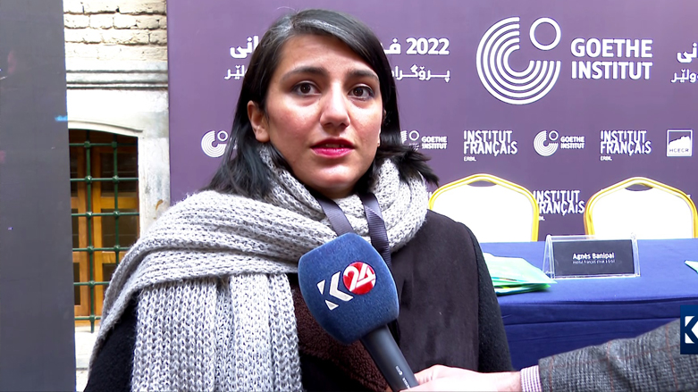 Schluwa Sama, Public Relations Coordinator at the Goethe Institute in Iraq, being interviewed by Kurdistan 24, Jan. 22, 2022. (Photo: Kurdistan 24). 